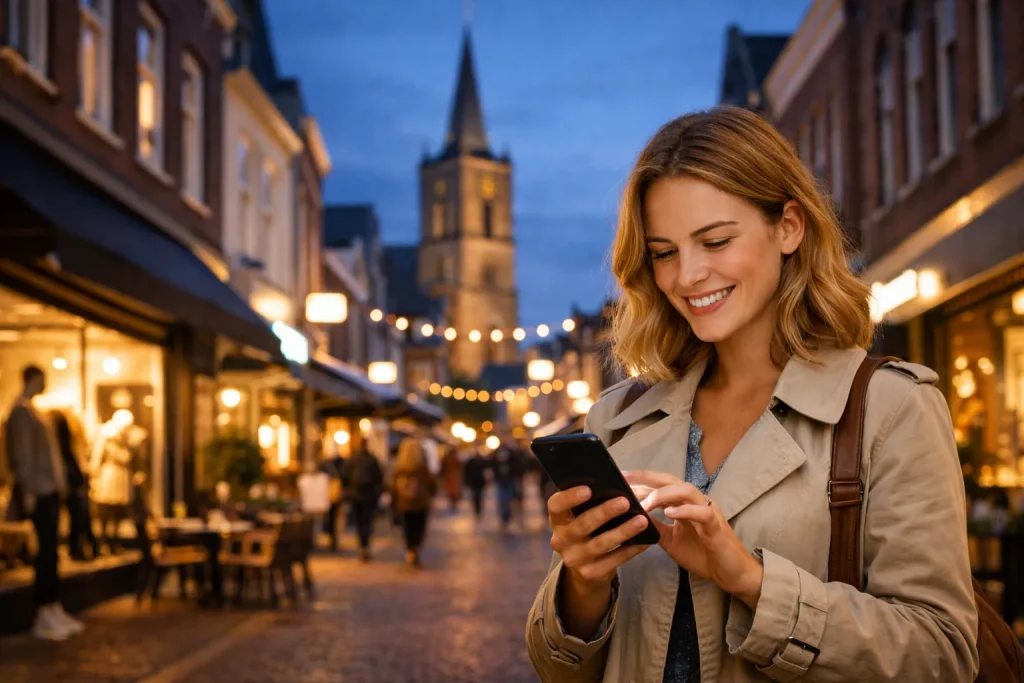Vrouw kijkt op haar telefoon tijdens koopavond in Oldenzaal met verlichte winkels in de avond.