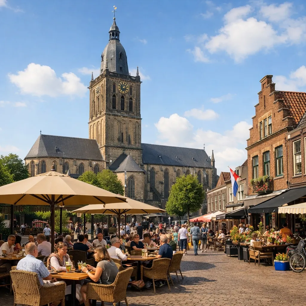 Drukke winkelstraat in Oldenzaal op zondag met open winkels en winkelend publiek.