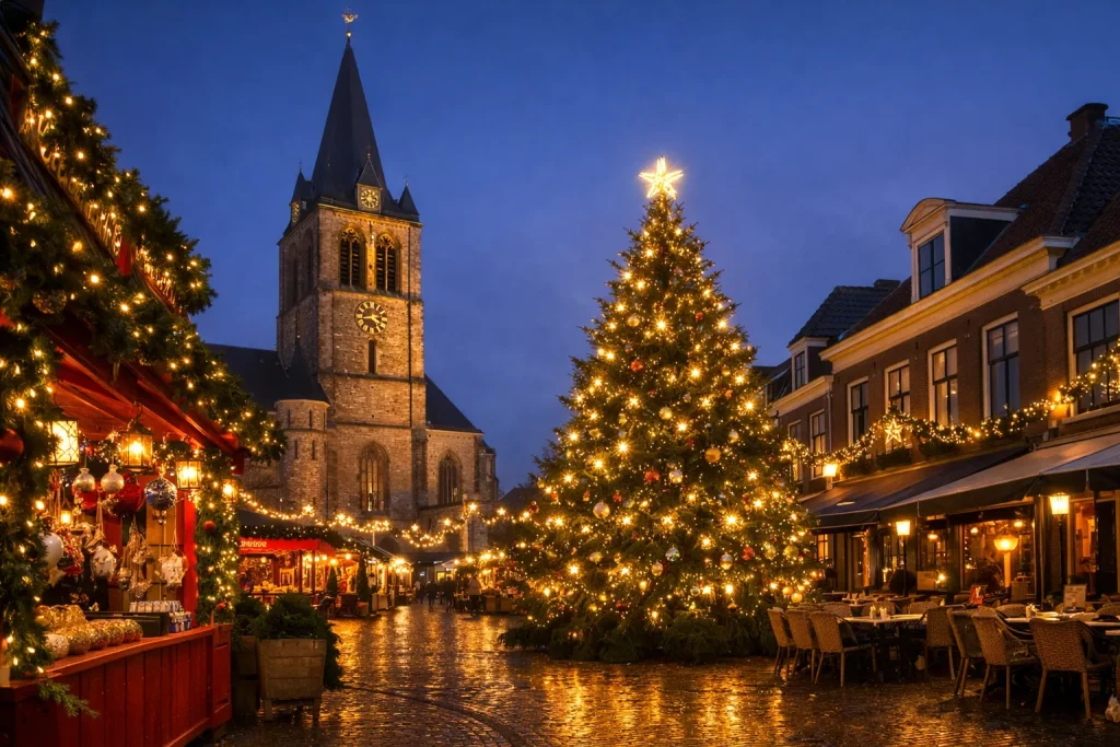 Verlichte kerstboom en markt bij de Plechelmusbasiliek in Oldenzaal in de avond
