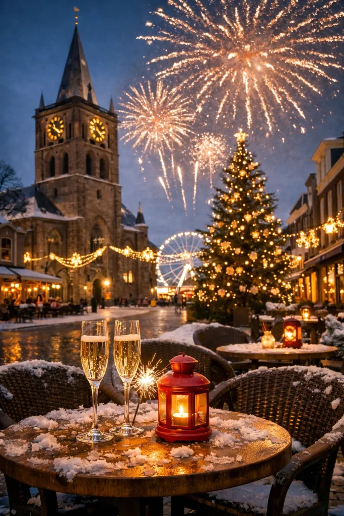 Vuurwerk boven het centrum van Oldenzaal tijdens Oud en Nieuw met verlichte kerstboom en terras.
