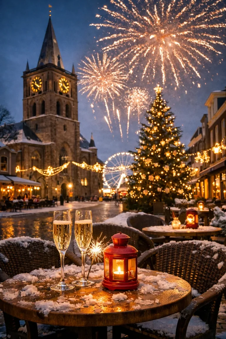 Vuurwerk boven het centrum van Oldenzaal tijdens Oud en Nieuw met verlichte kerstboom en terras.