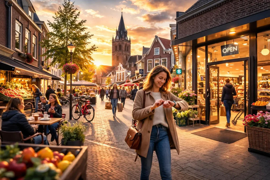 Drukke winkelstraat in Oldenzaal tijdens zonsondergang met open winkels en terrasjes