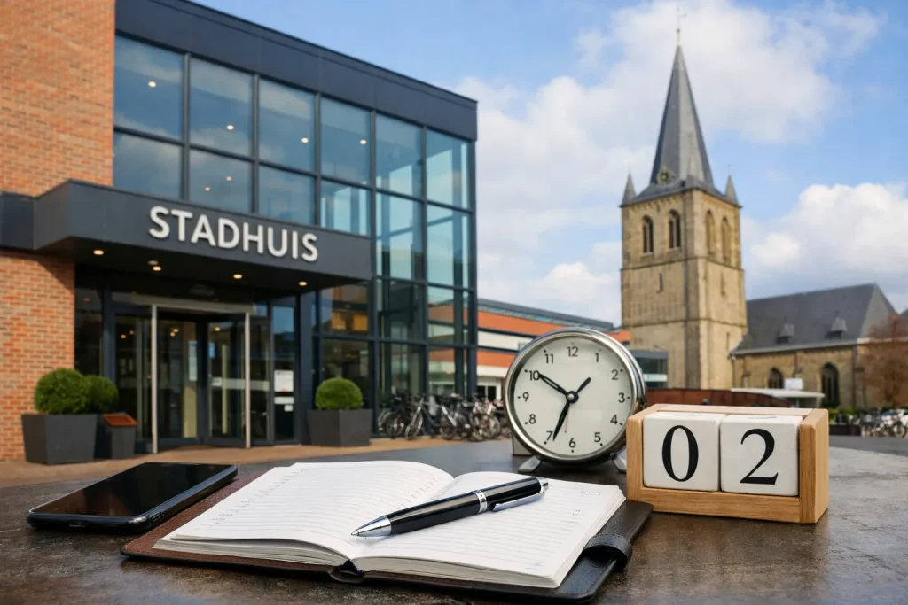 Stadhuis van Oldenzaal met agenda en klok op de voorgrond