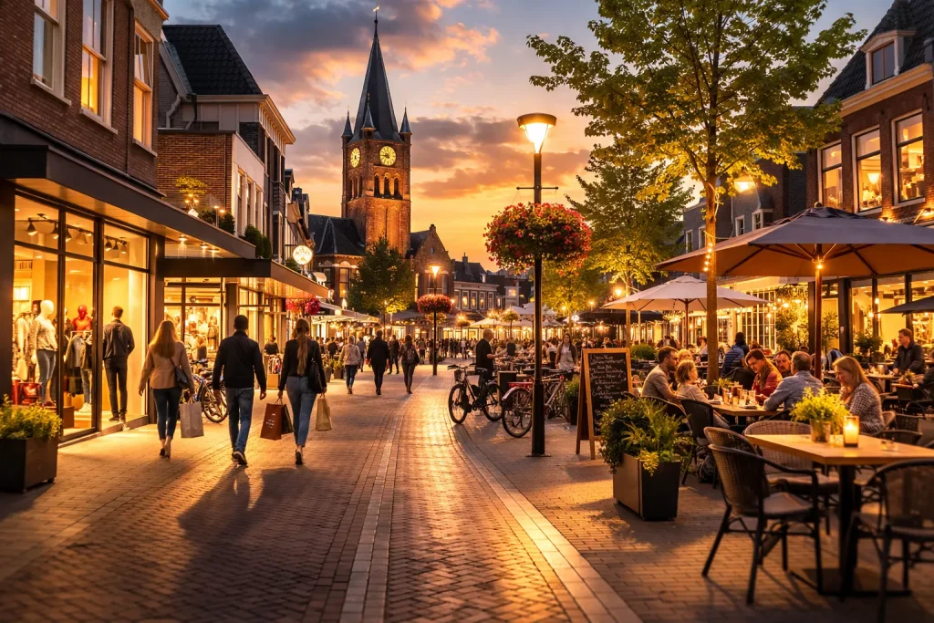 Gezellige winkelstraat in Oldenzaal met winkels en terrassen bij zonsondergang.