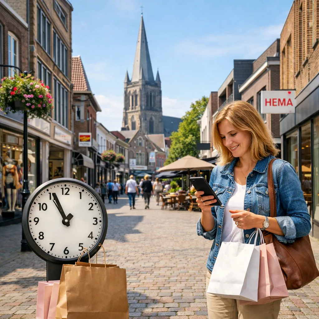 Vrouw met boodschappentassen in winkelstraat van Oldenzaal met kerk op de achtergrond