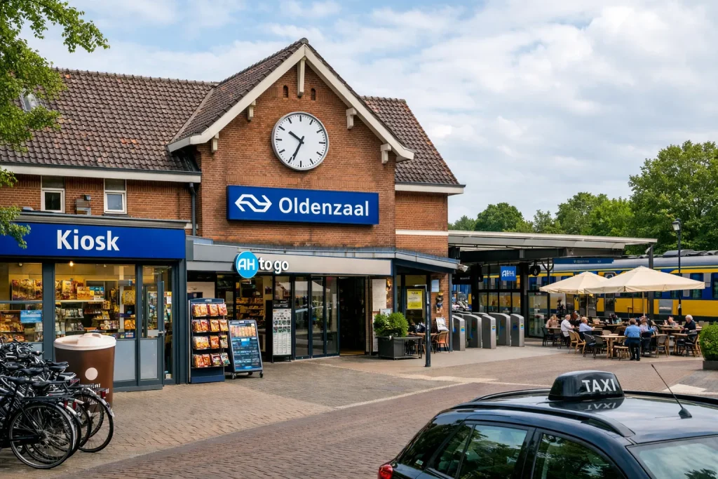 Ingang van station Oldenzaal met perron en fietsenstalling overdag
