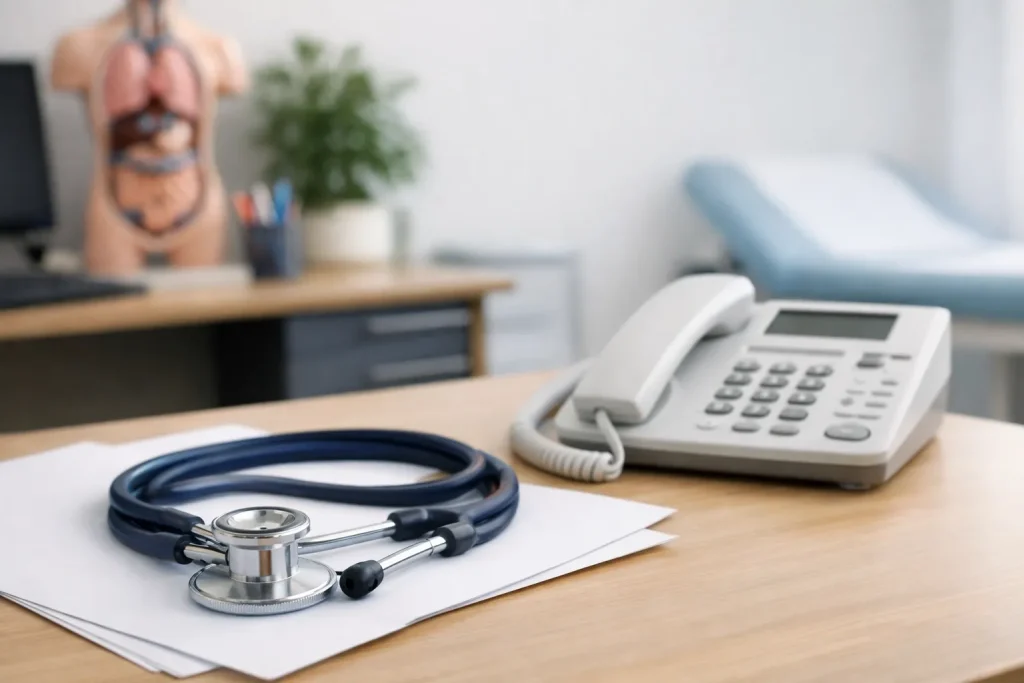 Realistische foto van een huisartspraktijk in Oldenzaal met wachtkamer en balie.