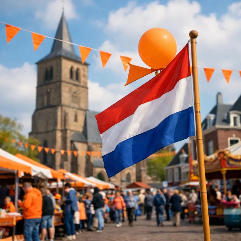 Nederlandse vlag en oranje versiering tijdens Koningsdag in Oldenzaal met markt en kerk op de achtergrond.