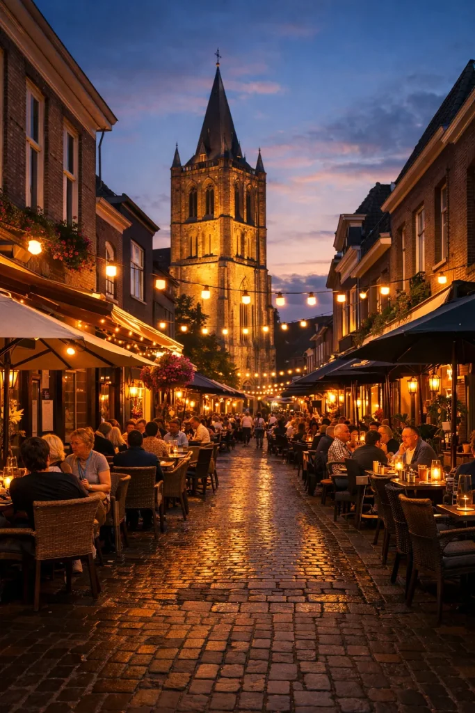 Gezellige restaurants en cafés in het centrum van Oldenzaal bij zonsondergang.