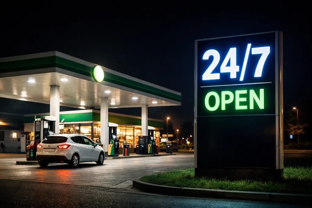 Verlicht tankstation in Oldenzaal in de avond met meerdere brandstofpompen