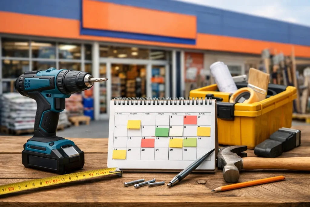 Realistische foto van een bouwmarkt in Oldenzaal met klanten en geparkeerde auto’s voor de ingang