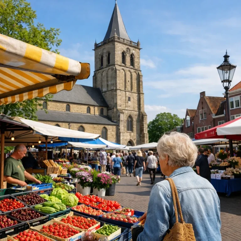 Bedrijven in Oldenzaal Drukke weekmarkt met kramen en basiliek in Oldenzaal