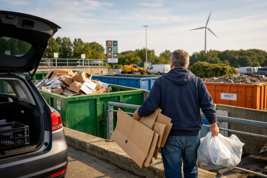 Man brengt afval naar de milieustraat in Oldenzaal met auto en containers