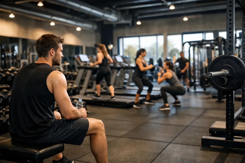 Drukke gym in Oldenzaal met mensen die trainen op fitnessapparatuur