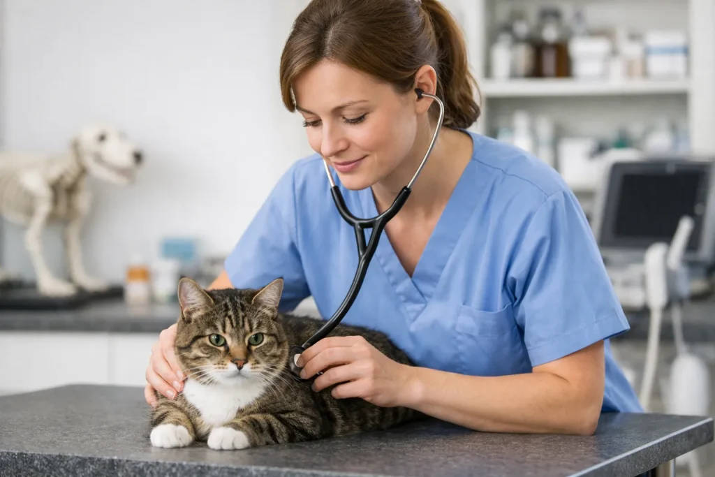 Dierenarts luistert met stethoscoop naar kat in praktijk