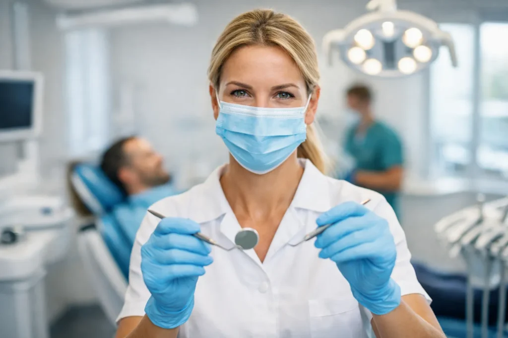 Tandarts met mondkapje en instrumenten in moderne praktijk in Oldenzaal