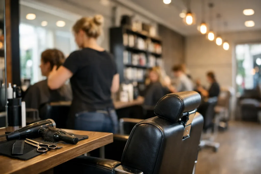 Interieur van moderne kapsalon met kapper aan het werk en bezette stoelen