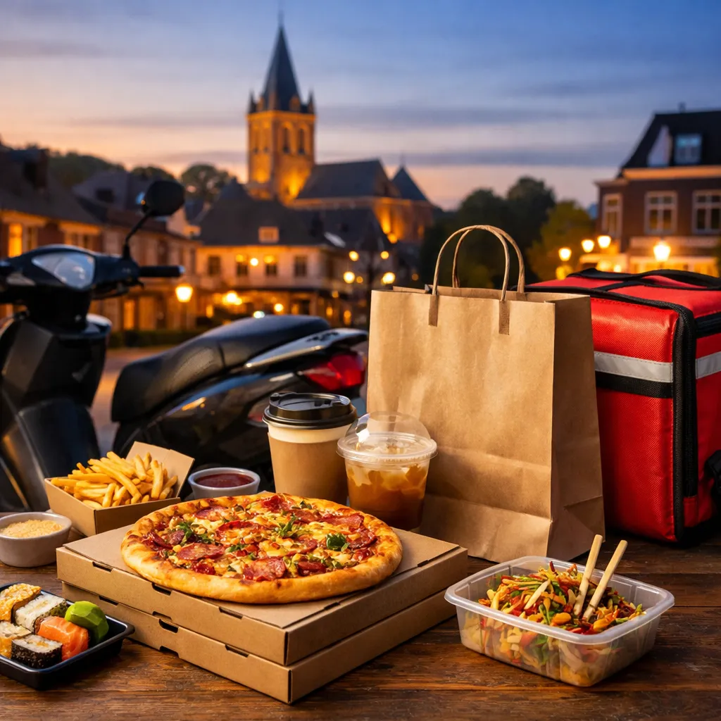 Afhaalmaaltijden met scooter in het centrum van Oldenzaal bij schemering.