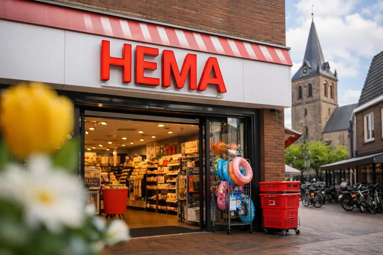 Bedrijven in Oldenzaal Ingang van HEMA winkel in Oldenzaal met rode gevelbord en open winkeldeur