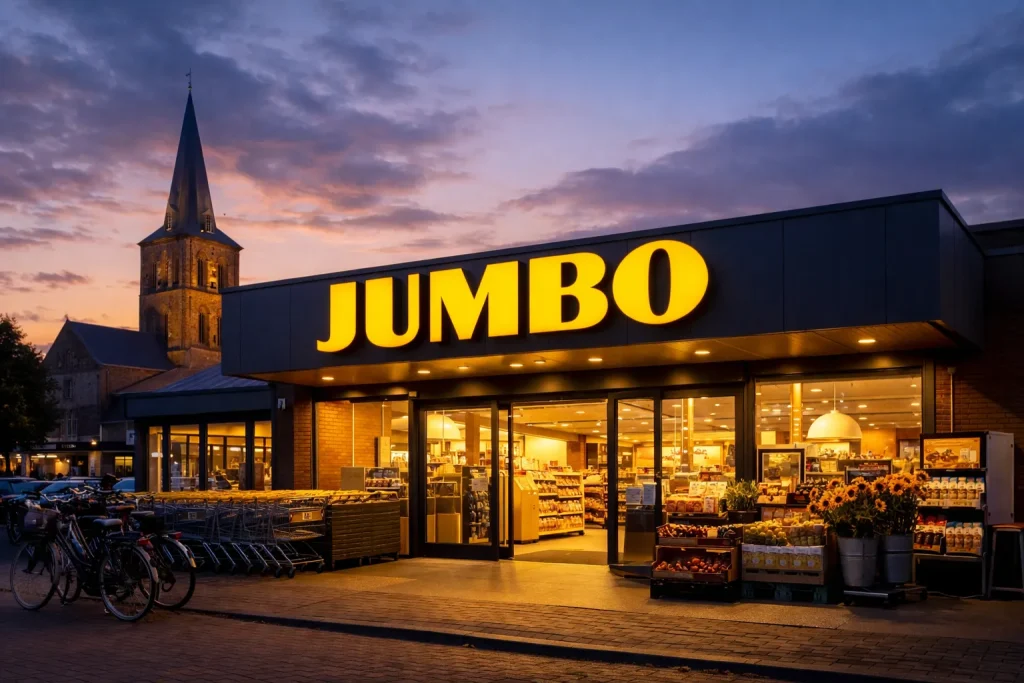 Ingang van Jumbo supermarkt in Oldenzaal bij avondlicht