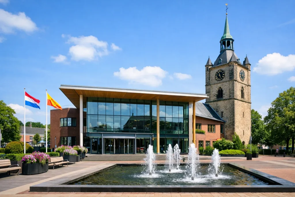Modern stadhuis Oldenzaal naast historische kerktoren