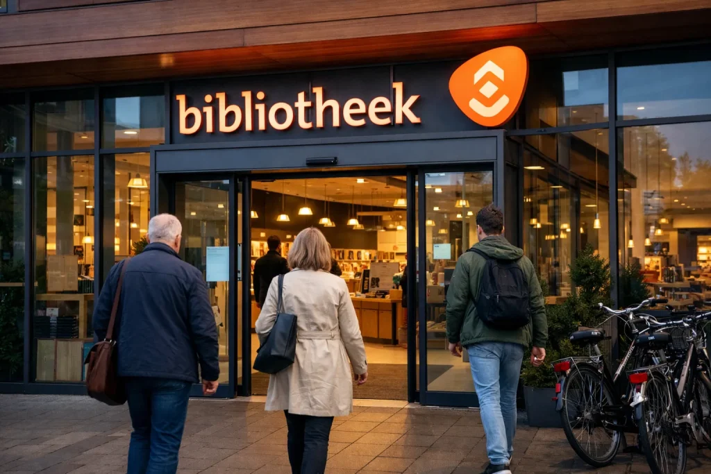 Ingang van de bibliotheek in Oldenzaal overdag met bezoekers die naar binnen lopen