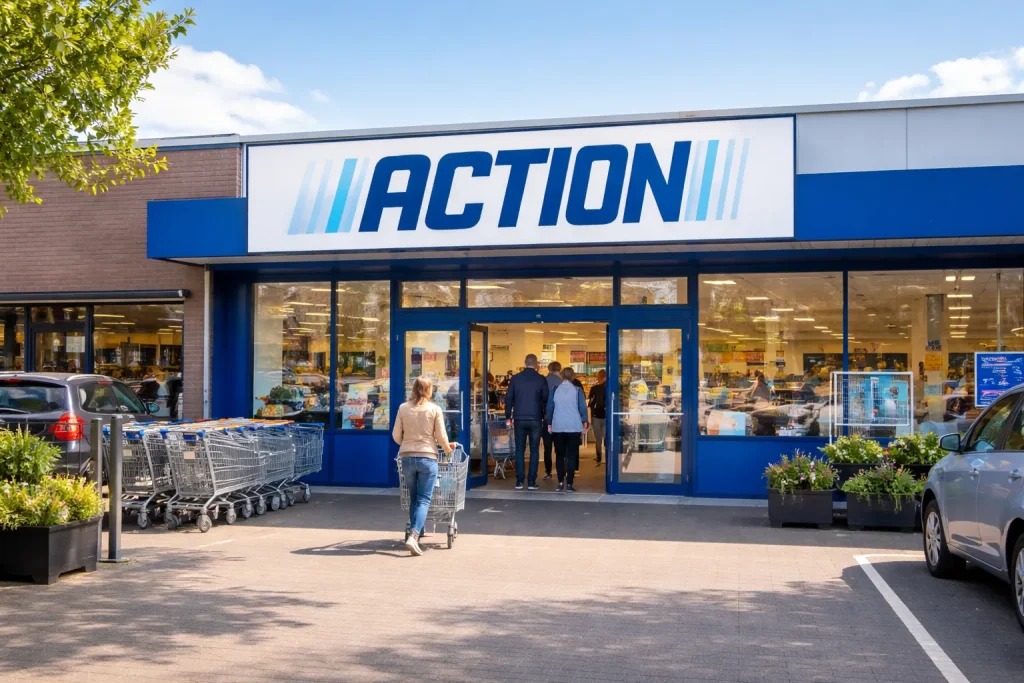 Buitenkant van een Action winkel in Oldenzaal bij een winkelcentrum