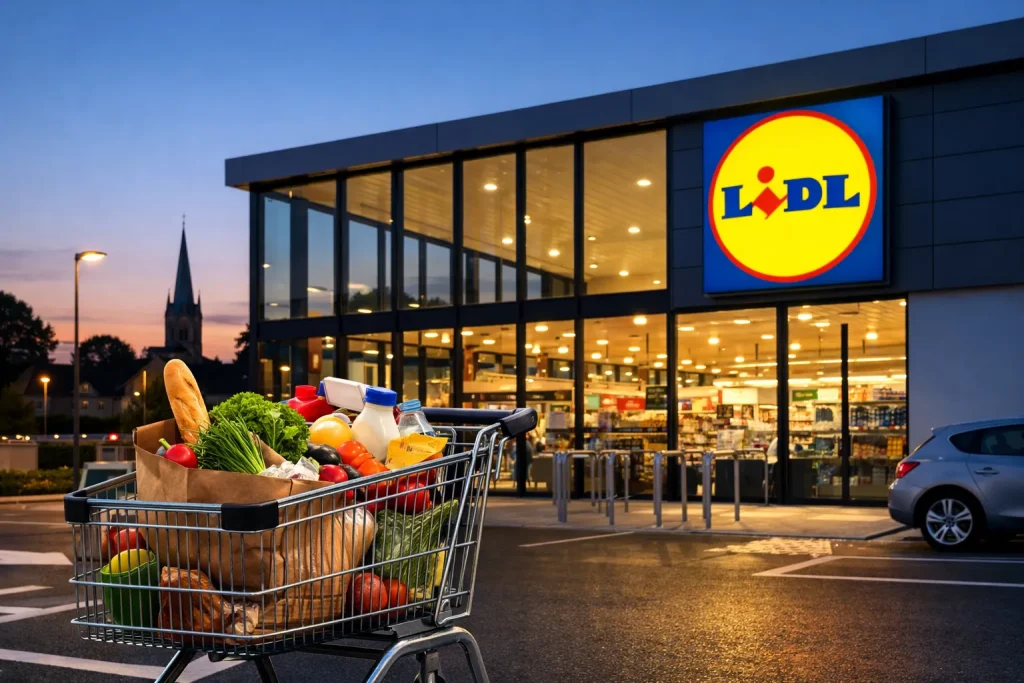 Lidl supermarkt in Oldenzaal met winkelwagen vol boodschappen voor de ingang in de avond.