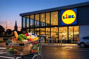 Lidl supermarkt in Oldenzaal met winkelwagen vol boodschappen voor de ingang in de avond.