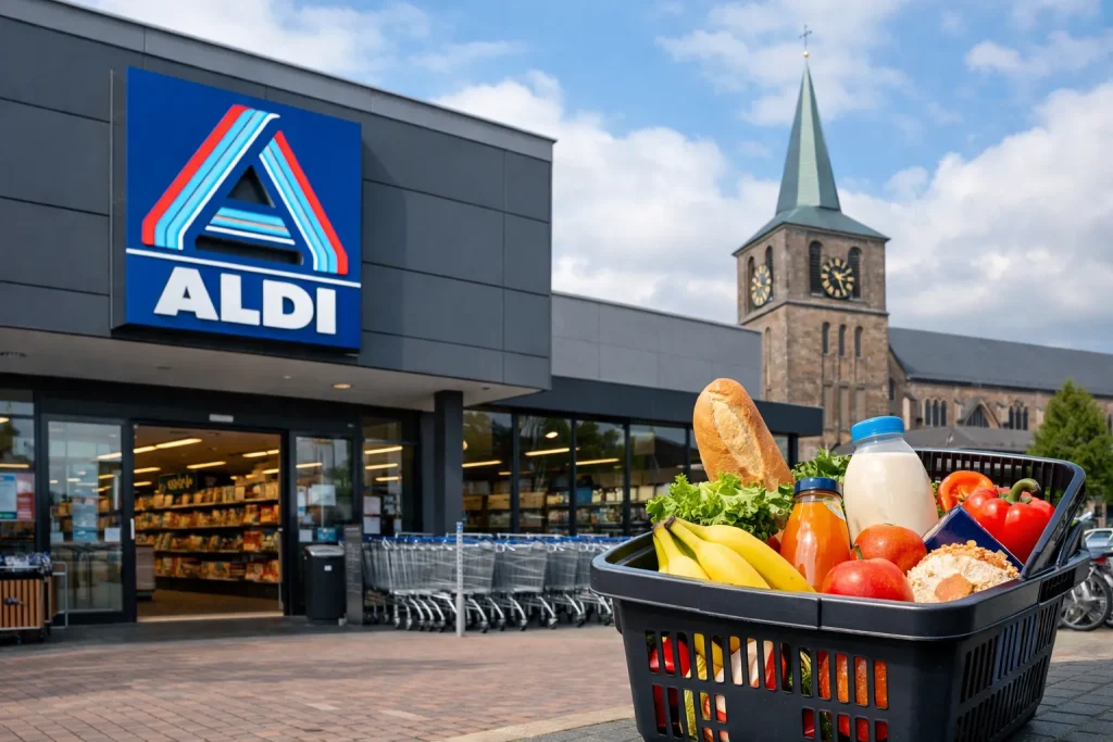 Aldi supermarkt in Oldenzaal met boodschappenmand voor de ingang