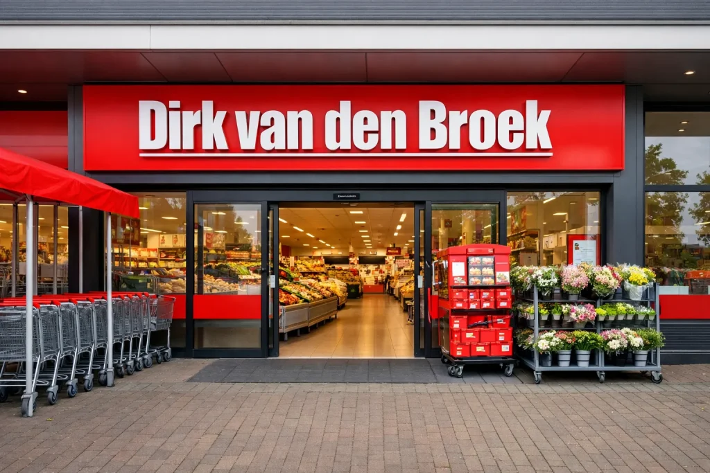 Ingang van Dirk van den Broek supermarkt in Oldenzaal met winkelwagens en bloemen buiten.