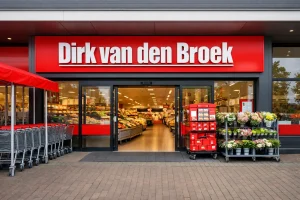 Ingang van Dirk van den Broek supermarkt in Oldenzaal met winkelwagens en bloemen buiten.